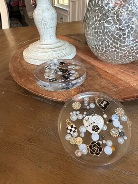 Decorative Clear Resin Coasters with Black, White and Gold Embellishments (2)